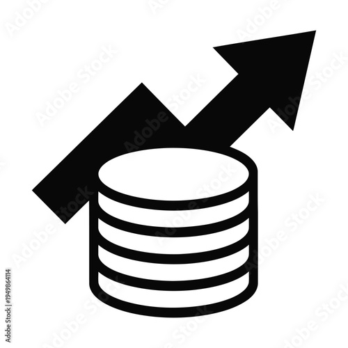 A black and white vector illustration depicts a stack of coins with a bold black arrow pointing upwards, symbolizing financial growth and increasing monetary value over time, ideal for business and