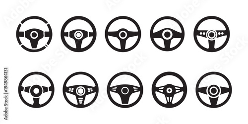 Set of black car steering wheel icons for automotive design and driving navigation symbols in minimalist style