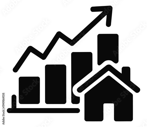 A conceptual illustration representing the real estate market's growth, featuring a bar graph with rising bars and a house icon, signifying increasing property values and a thriving housing market.