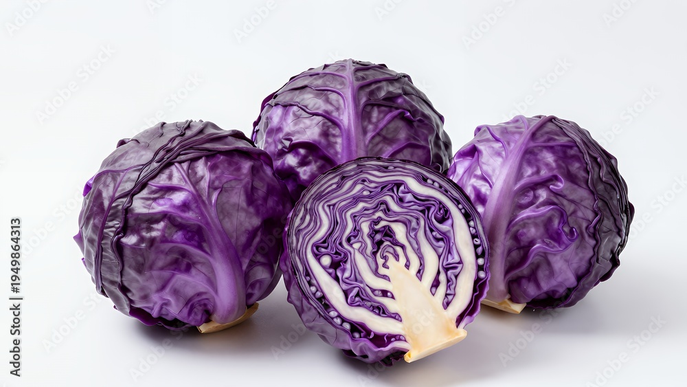 Obraz premium Four Fresh Purple Cabbages with One Halved Showing Cross-Section Against White Background
