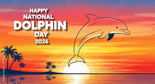 Dolphin jumping out of water at sunset with palm trees celebrating national dolphin day in a tropical paradise with vibrant colors and joyful atmosphere