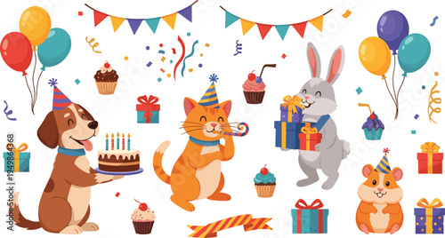 Cute Cartoon Animal Birthday Party Set with Dog Cat Rabbit Hamster Balloons Cake Gifts and Celebration Decorations Vector Illustration Collection