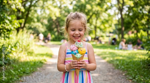 Happy child holding colorful ice cream cone in sunny park