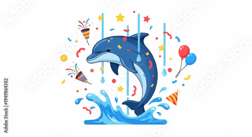 Dolphin jumping out of water with colorful confetti and balloons party celebration
