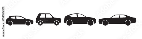 Collection of black car side profiles representing common automotive shapes like compact and family sedan cars