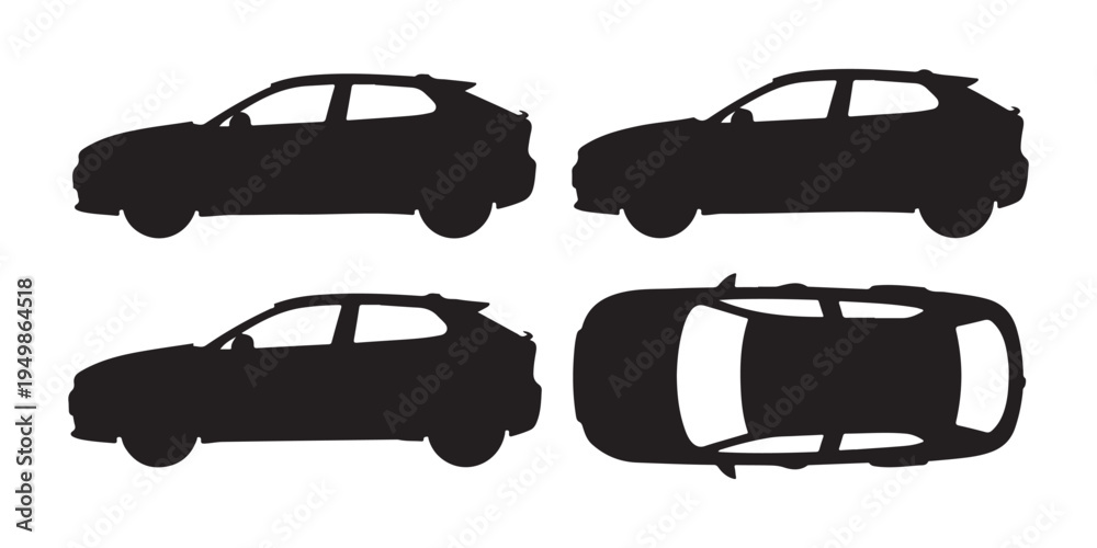© Moni - Set of four black silhouette car side view, top view, and diagonal view, representing modern vehicle shapes
