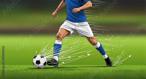Soccer Player Kicking Ball on Field.