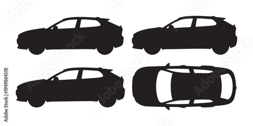 Set of four black silhouette car side view, top view, and diagonal view, representing modern vehicle shapes