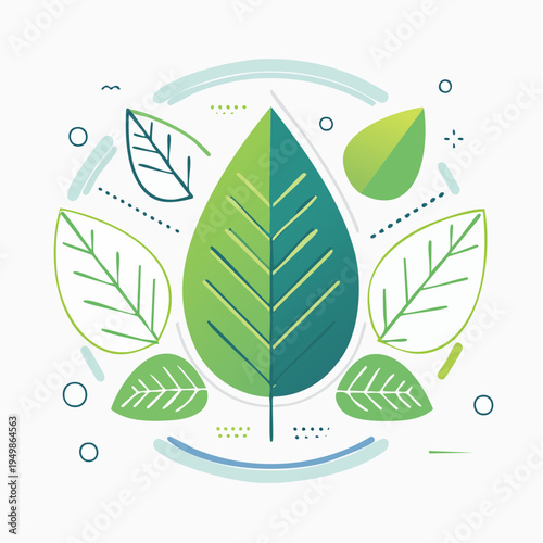 Vibrant illustration of stylized green leaves, symbolizing fresh organic growth, environmental harmony, and natural vitality