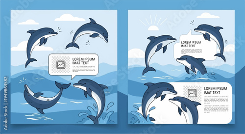 Dolphins jumping in ocean waves with blue sky and clouds background marine life illustration