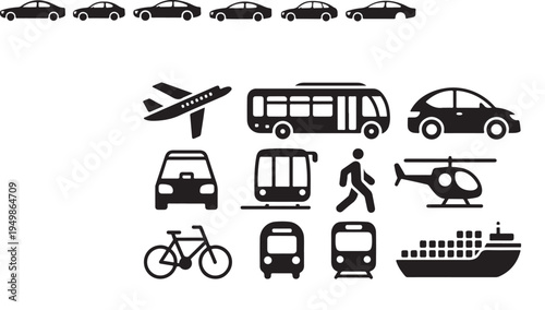 Collection of modern transportation and vehicle icons including cars bus airplane helicopter and bicycle vector graphics