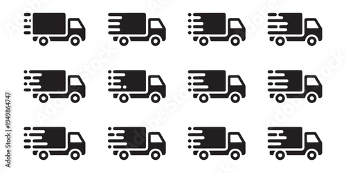 Set of delivery truck icons with motion lines showing speed and fast delivery service vector illustrations
