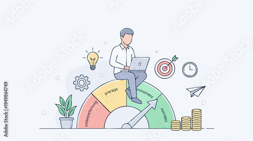 Businessman Sitting on a Progress Gauge with Laptop, Achieving Success and Growth Concept in Digital Business Environment