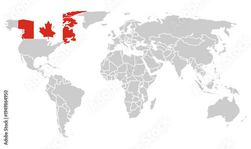 World map on a white background. World map with the country of Canada highlighted and its flag. Vector illustration of the map and flag of Canada.