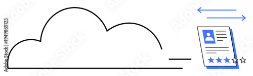 Cloud icon alongside a document featuring profile picture, text, and star rating. Ideal for data storage, document transfer, performance evaluation, analytics, collaboration, digital workflows