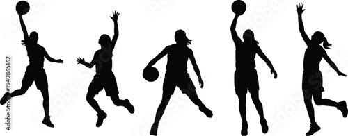 female basketball player silhouettes collection, women athlete dribbling jumping shooting poses, sport action isolated black basketball silhouettes set