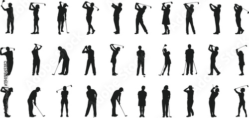 Golf player silhouettes collection, men and women golfers swinging clubs, isolated athletes set, sports action poses, golfing training concept