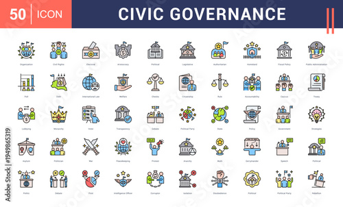 Civic Governance Icon Set. organization, civil rights, electoral, aristocracy, political and more. Flat Line vector icons collection.