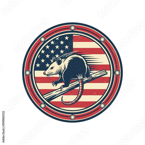 Vintage-style rat mascot riding a rocket with an american flag design in circular badge