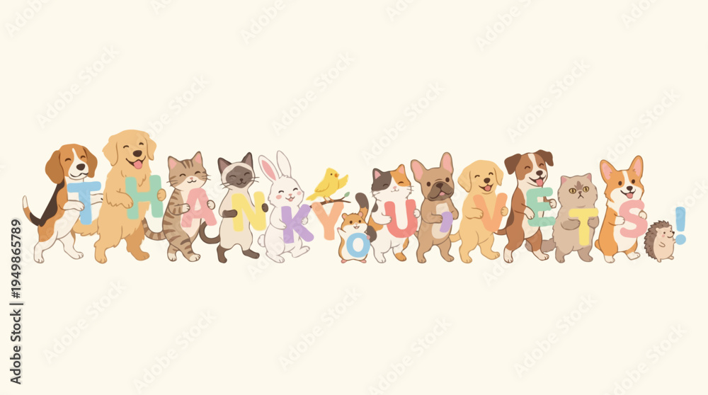 Fototapeta premium Thank you veterinarians with various pets in a colorful illustration 