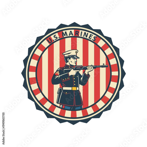 Classic us marines emblem featuring a rifle-bearing marine in dress uniform