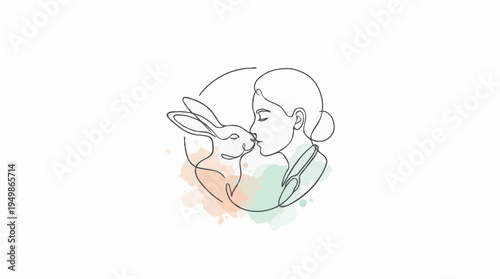 Woman kissing rabbit in a simple line art style for International Veterinarian's Day  