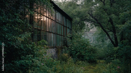 Overgrown neglected greenhouse structure surrounded by nature