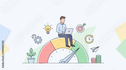 Businessman Sitting on a Speedometer Meter with Business and Growth Icons Representing Performance Management and Productivity