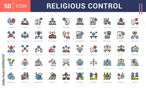 Religious Control Icon Set. forced belief, faith barrier, faith ban, intolerance, broken dialogue and more. Flat Line vector icons collection.