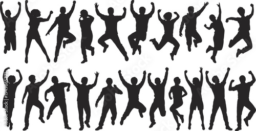 jumping people silhouettes collection, happy men women celebration poses, energetic human jump action isolated black silhouettes set
