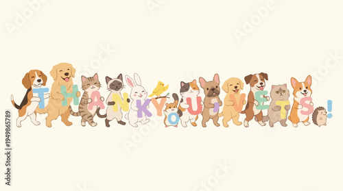 Thank you veterinarians with various pets in a colorful illustration  