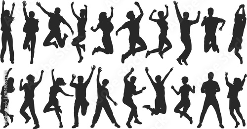 jumping people silhouettes set, happy men women celebration poses silhouettes collection