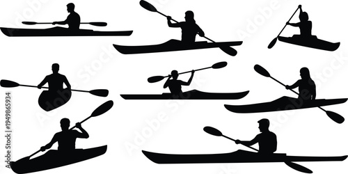 kayaking athlete silhouettes collection, canoe and kayak paddlers rowing boats isolated black water sport adventure activity set