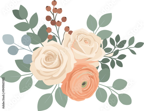 A beautiful floral arrangement of roses and leaves on a decorative table