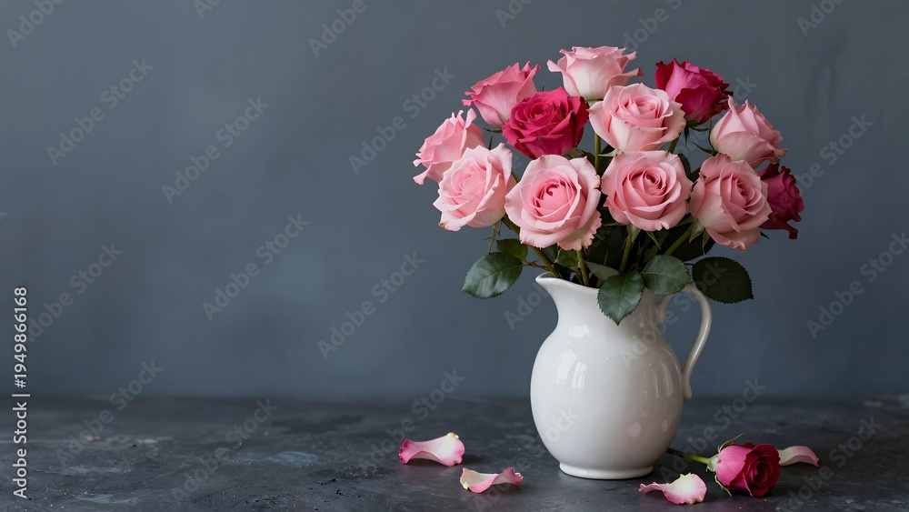 Fototapeta premium Pink Roses in White Vase on Dark Stone Table with Scattered Petals