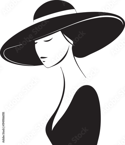 Hand Drawn Woman Hat Black and White Illustration in Minimal Line Art Style Design