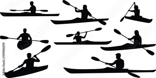 kayak and canoe paddling silhouettes set, athletes rowing boats on water isolated black kayaking sport action collection