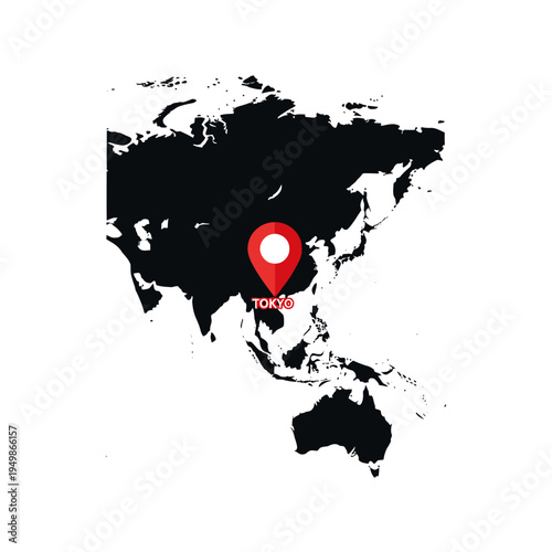 Tokyo location pin on asia continent map minimalistic vector illustration flat design