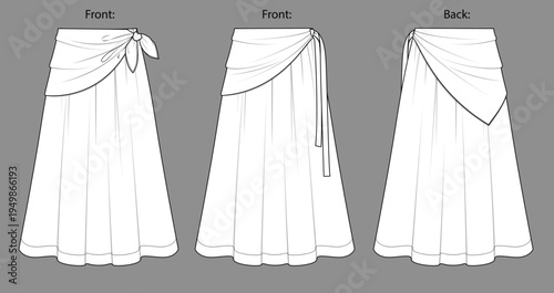 Women Low-Rise Midi Skirt Fashion CAD Vector – Bohemian Flared Skirt with Scarf Overlay Technical Flat Sketch, Front and Back View