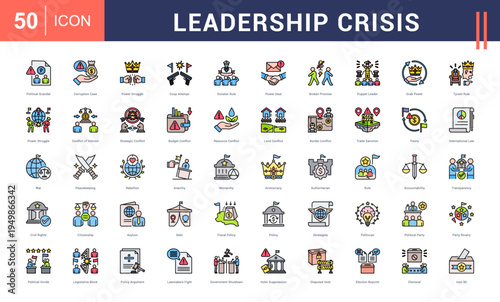 Leadership Crisis Icon Set. political scandal, corruption case, power struggle, coup attempt, dictator rule and more. Flat Line vector icons collection.