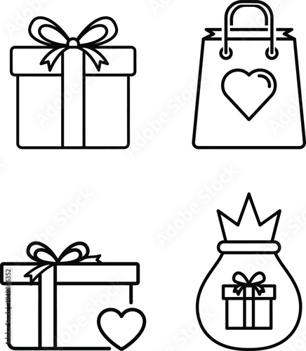 Gift icons with ribbons and heart decorations