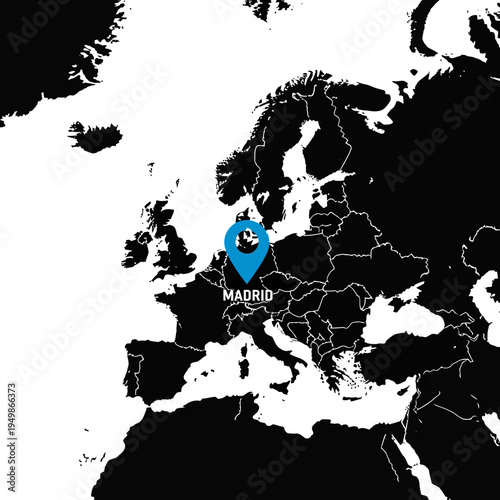 Madrid, Spain highlighted on a world map showcasing european geography and location