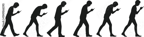 man walking using smartphone silhouettes, mobile phone addiction concept, texting while walking people isolated black silhouettes collection