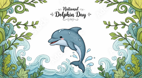 Dolphin jumping out of water with floral border on national dolphin day