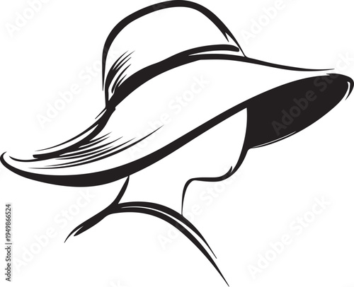 Hand Drawn Woman Hat Black and White Illustration in Minimal Line Art Style Design