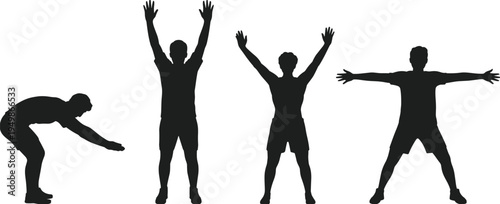 people exercising silhouettes set, man performing jumping jack fitness workout poses isolated black athlete training movement collection