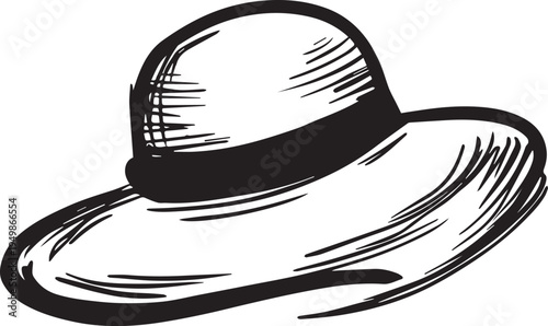 Hand Drawn Woman Hat Black and White Illustration in Minimal Line Art Style Design