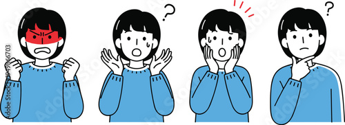 woman, emotions, expressions, angry, surprised, shocked, thinking, confused, reaction, feeling, face, character, cartoon, illustration, mood, psychology, gesture, emotion, communication, concept