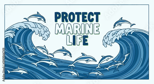 Dolphins swimming in ocean waves with protect marine life slogan conservation concept