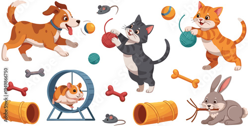 Cute Cartoon Pet Animals Collection with Dog Cats Rabbit Hamster Playing with Toys Balls Yarn Bones Isolated Vector Illustration Set